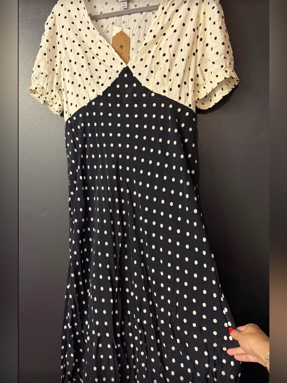 Cream and Black Polka Dot V‑Neck Midi Dress